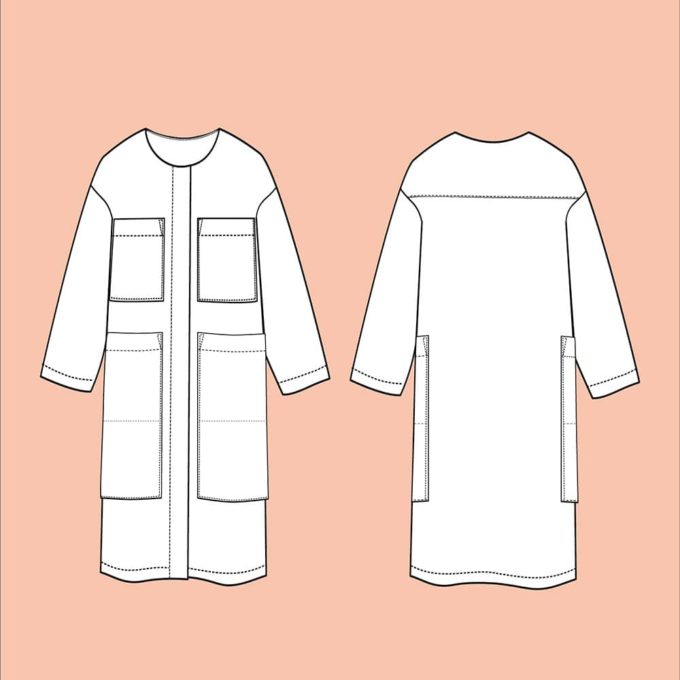 front and back of The Assembly Line Lab Coat line drawing