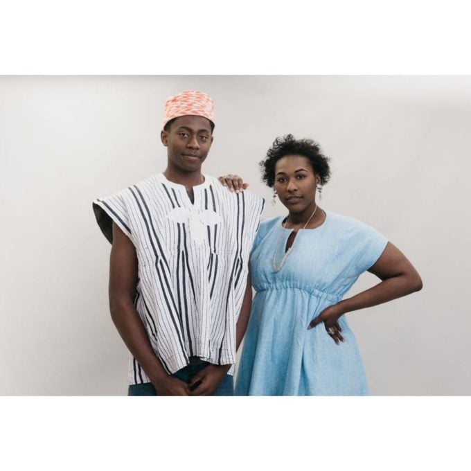 male and female models of the FOLKWEAR Ghanaian Smock sewing pattern