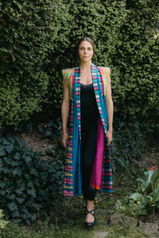 model in colourful Folkwear Tibetan Panel Coat