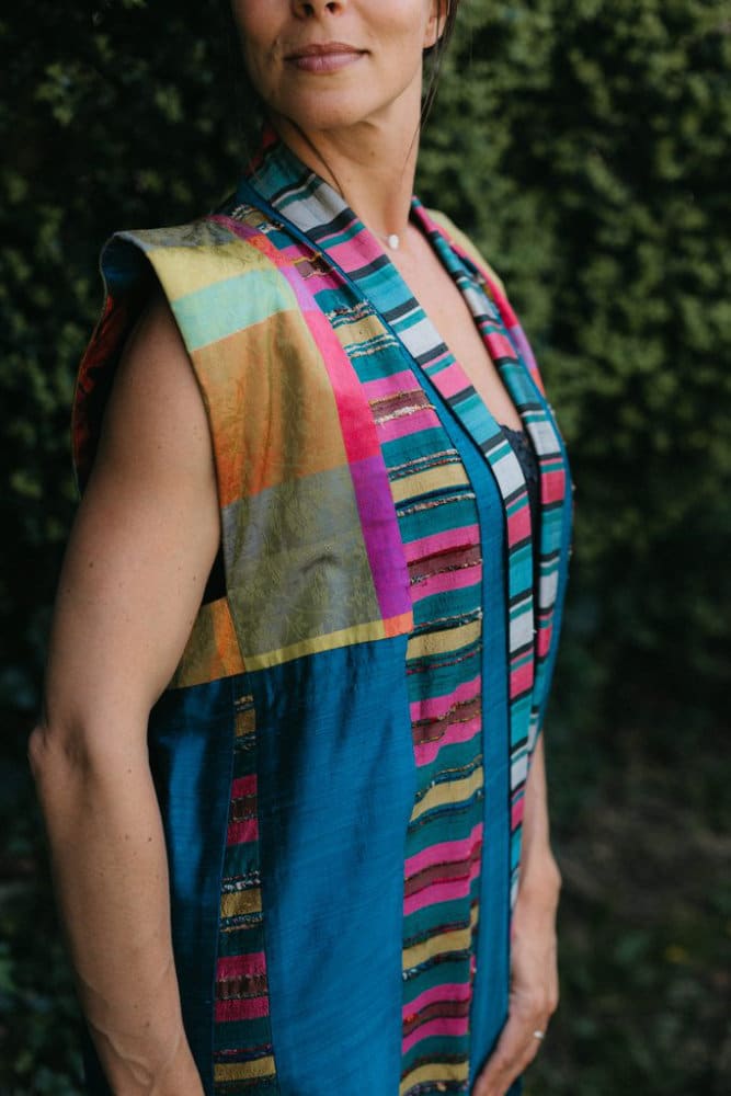 model in colourful Folkwear Tibetan Panel Coat sewing pattern