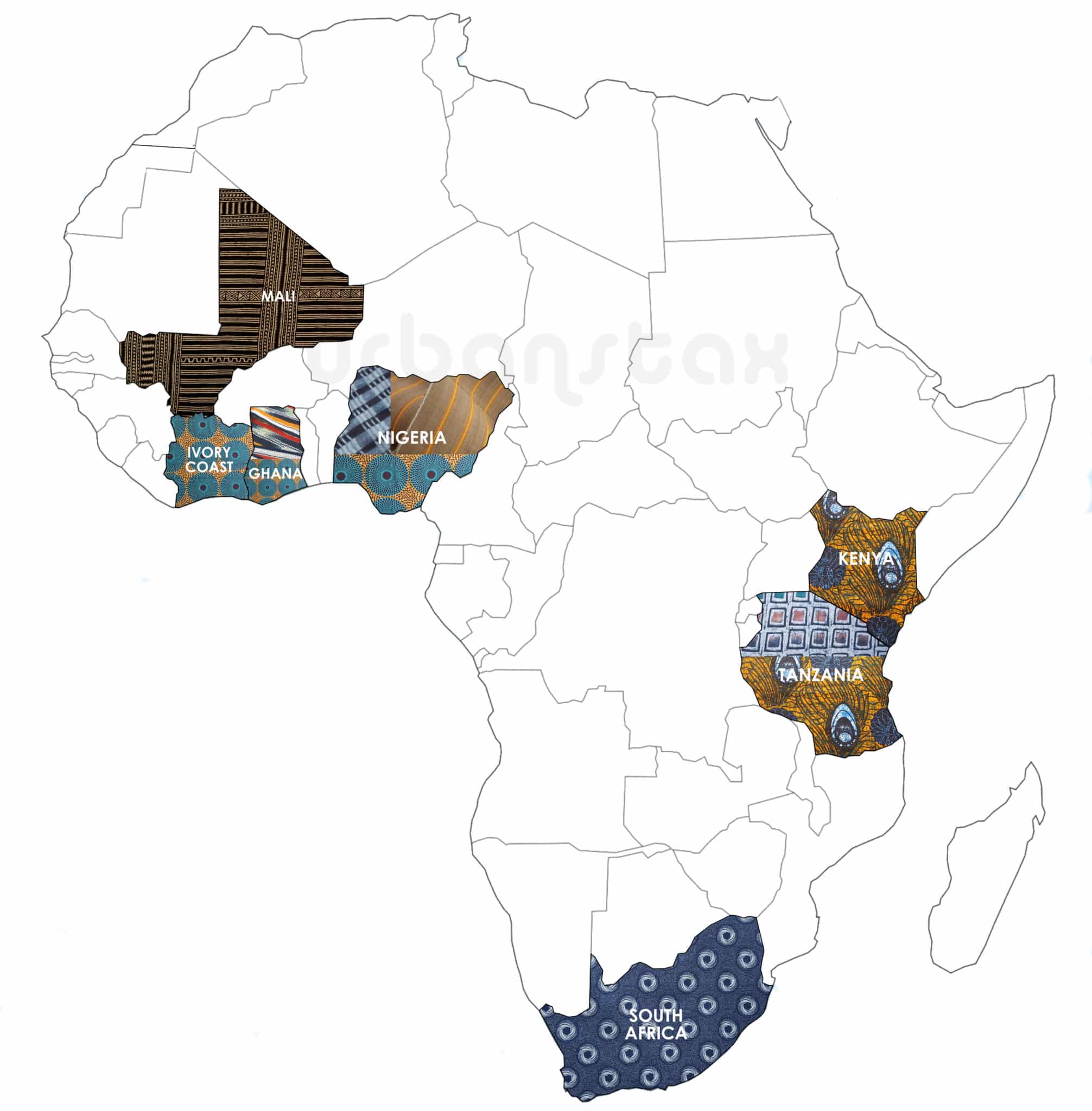African textile map showing different types of African textiles