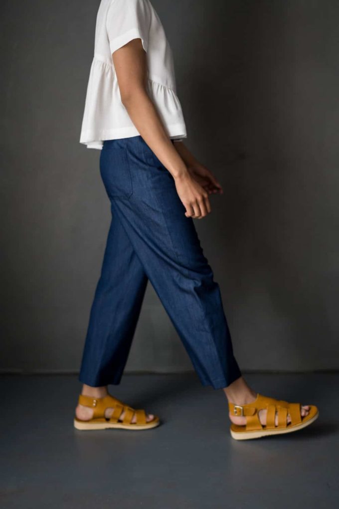 model in blue version of MERCHANT & MILLS The Eve Trousers