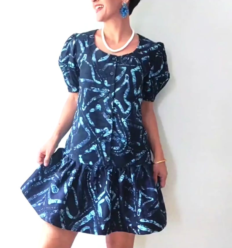 Wren Dress Sew Along in Black and Turquoise Adire